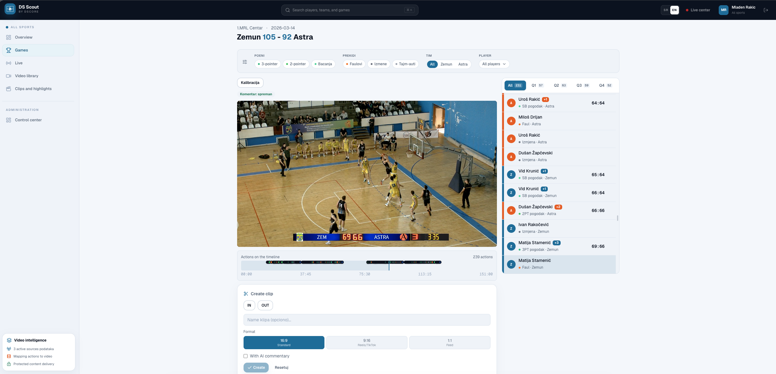 DS Scout game workspace with match video, action filters, synchronized timeline and clip creation controls