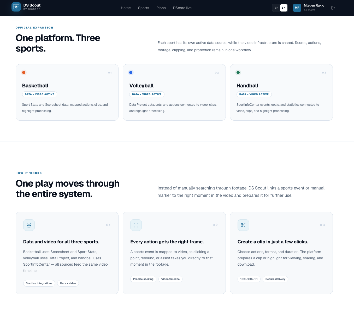DS Scout product page explaining its shared video workflow across basketball, volleyball and handball