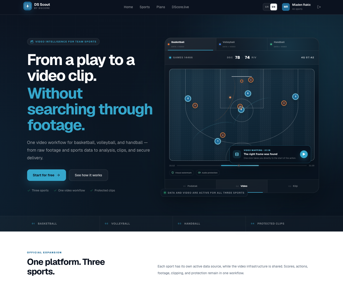 DS Scout platform overview presenting action-to-video mapping for basketball, volleyball and handball