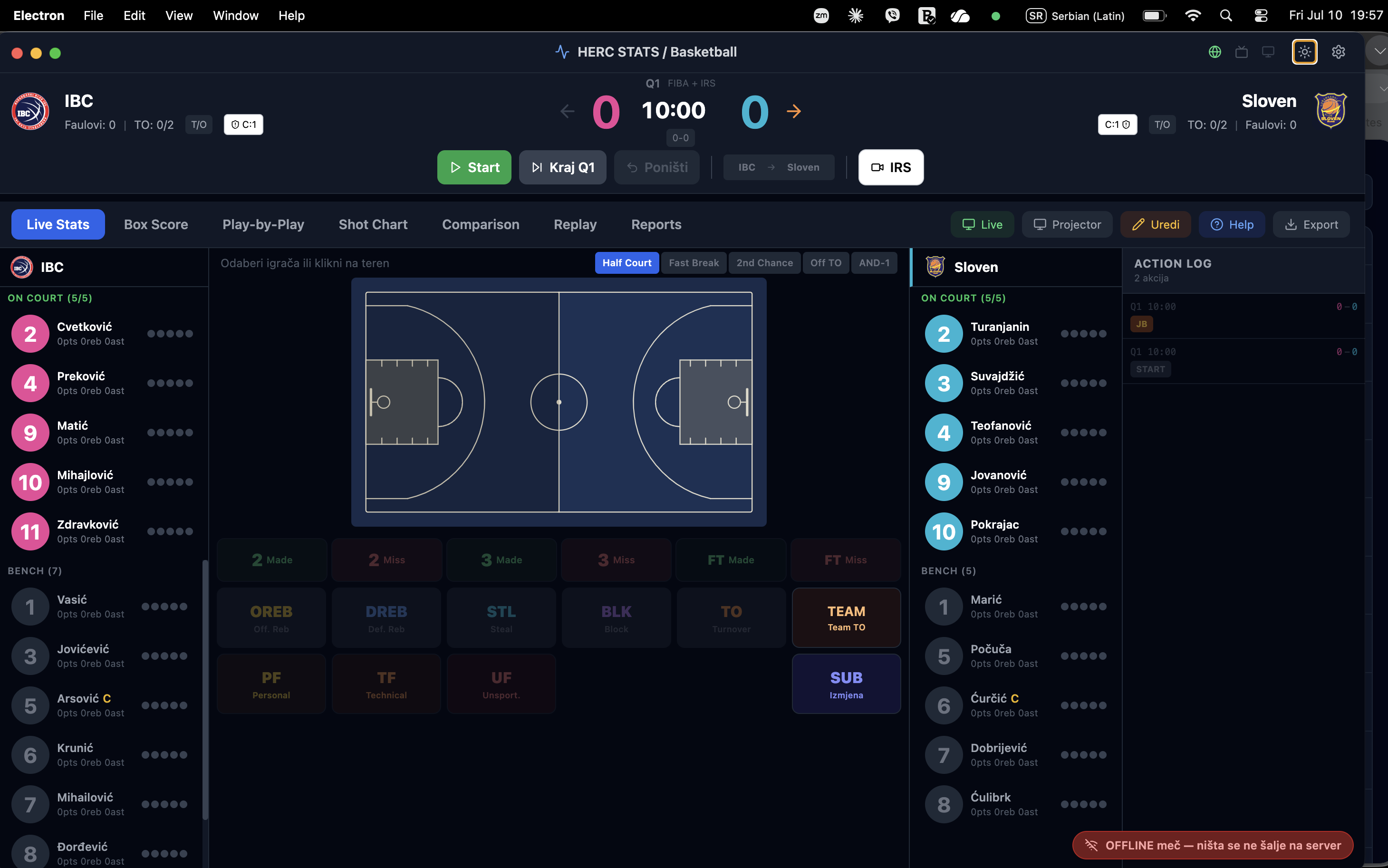 Live Stats courtside application showing the basketball court, rosters, score and action controls