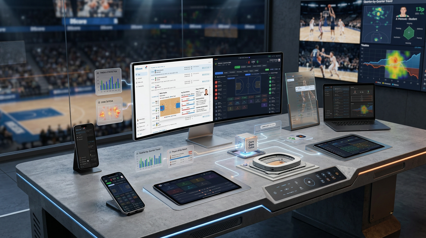 The DS2 product family presented together: administration, courtside statistics, scoresheet, video analytics and mobile surfaces around one core