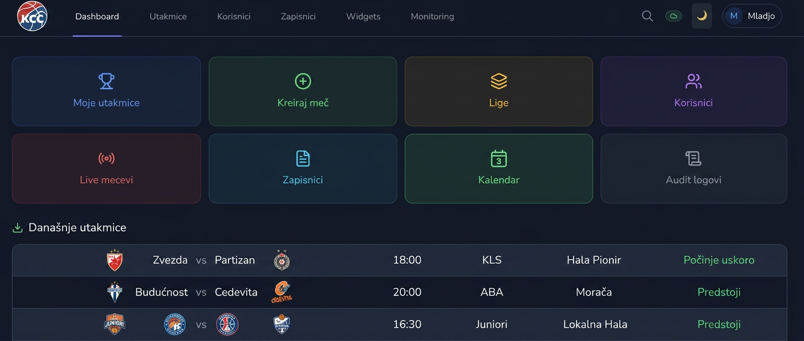 Digital Scoresheet administration dashboard with quick actions and today's matches